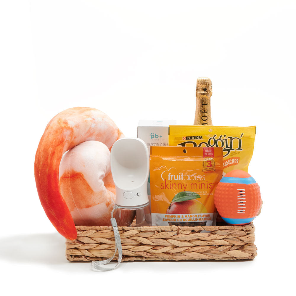 New Dog Treats &amp; Toys Gift Basket with Champagne, dog gift baskets, dog gifts, gifts, pet toys, chew toys, dog treats, champagne gift baskets