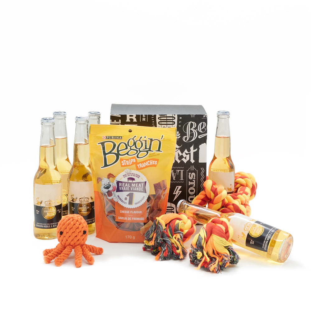 Quittin’ Time Dog &amp; Owner Gift Basket with Beer, beer gift baskets, dog gift baskets, gifts, chew toys, treats, dog toys, beers