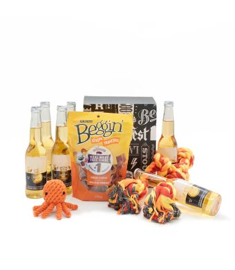 Quittin’ Time Dog & Owner Gift Basket with Beer, beer gift baskets, dog gift baskets, gifts, chew toys, treats, dog toys, beers