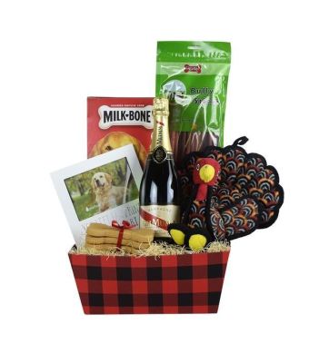 The Thanksgiving Treats Dog Gift Basket With Champagne